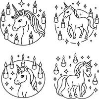 Unicorn and candle set black and white doodle style fantasy illustration vector