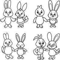 Outline drawing easter bunny and chick holding hands coloring page vector