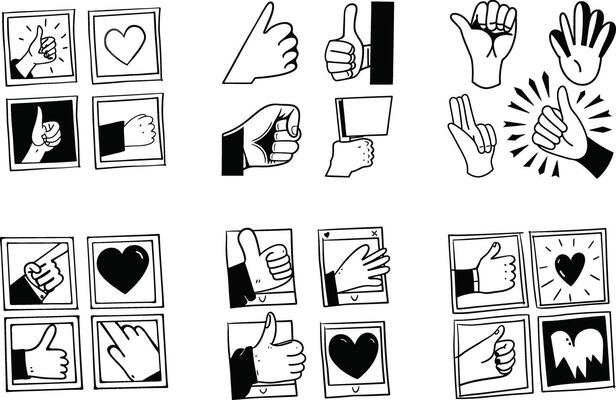 Hand drawn hands hearts thumbs up doodle style graphics