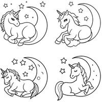 Collection of adorable unicorns resting on the moon black and white outline vector
