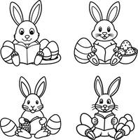 Easter bunny rabbits reading books with easter eggs coloring page outline vector