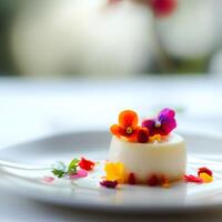 Smooth Textures and Glossy Finish. Floral Cakes. Panna cotta with flowers on a white plate. Selective focus photo