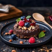 Chocolate mousse cake with berries and nuts on a dark background, selective focus. photo