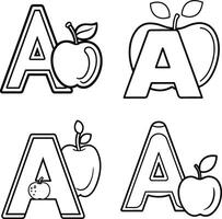 Letter a apple outlines for childrens coloring education and learning vector
