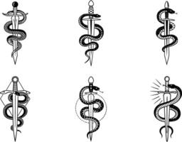 Snake wrapped around sword tattoo flash set black and white design vector