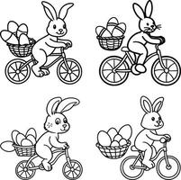 Easter bunny riding bicycles with eggs coloring page illustration design vector
