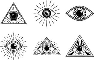 All seeing eye set mystical occult symbols black and white line art vector