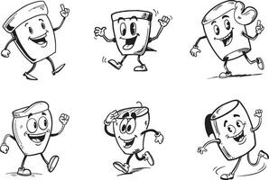 Collection of cartoon takeout coffee cup characters walking and smiling vector