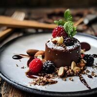 Chocolate cake with raspberries and almonds on a dark rustic background. photo
