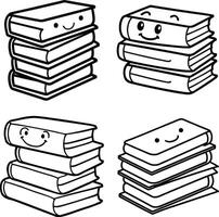 Stacks of books with smiling faces illustration in black and white vector
