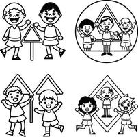 Cheerful cartoon kids characters with triangle signs illustration set vector