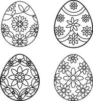 Four easter eggs with floral patterns line art for coloring book vector