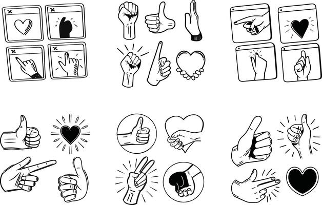 Hand drawn gestures and heart signs black and white doodle illustration