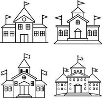 Set of school building outline illustrations with flags and windows vector