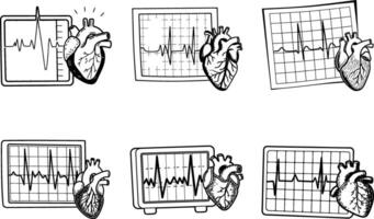 Anatomical heart illustrations with ecg monitor traces medical line art collection vector