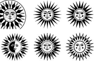Hand drawn black and white sun icons collection with faces and rays vector