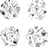 Four isolated sets of magical and mystical doodle elements in black and white vector