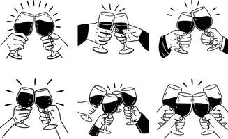 Wine glasses toasting celebration cheers doodle style illustration vector