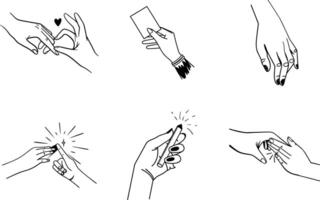 Assortment of hand gestures in black and white line art style vector