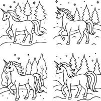 Set of unicorns in a snowy forest line art illustration vector