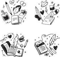 Doodle illustration set of writing elements with book feather and pen vector