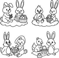 Easter bunny and chick outlines with baskets for coloring page fun vector