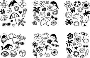 Black and white summer doodle pattern with dolphin,palm tree,umbrella and flowers vector