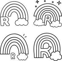 Rainbow letter r coloring page illustrations for kids and alphabet learning vector