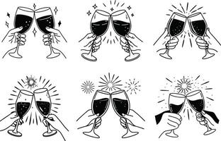 Seamless pattern of hands toasting glasses black and white celebration background vector