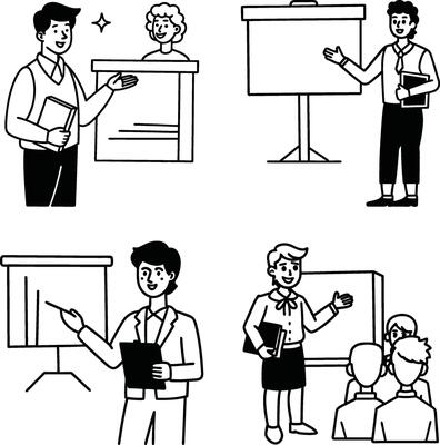 Black and white illustration of people giving presentations in different styles