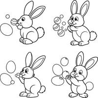 Easter bunny line art illustrations with decorated eggs and bubbles isolated on white vector