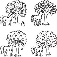 Horse and apple tree outlines for coloring or educational resources vector
