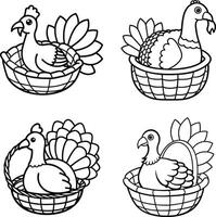 Thanksgiving outline illustration of turkeys in baskets design elements vector