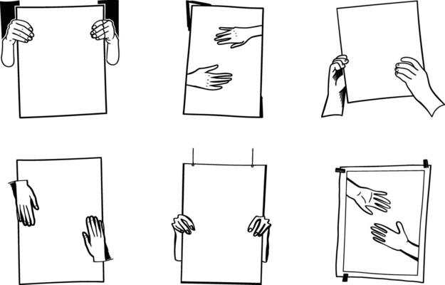 Hand drawn hands holding blank posters and banners black and white sketch