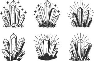 Collection of hand drawn crystals isolated on white background with stars and radiating lines vector