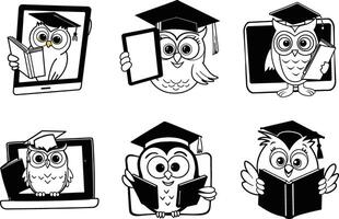 Cartoon owl students in graduation caps reading books and using tablets illustration vector