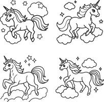 Unicorns and clouds coloring page set with stars outline illustration vector