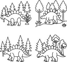 Stegosaurus outlines in forest scenes cartoon style illustrations set vector