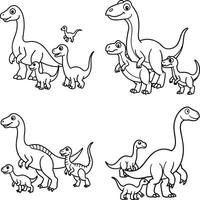 Cartoon dinosaur family line art illustrations in a seamless repeat pattern vector