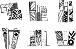 Stylish black and white lipstick collection with geometric patterns in doodle style vector