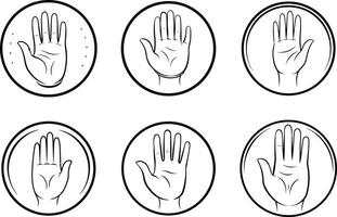 Black and white outlined hand icons in circular frames graphic vector
