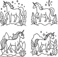 Set of four unicorns in outline style surrounded by foliage vector