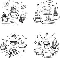 Black and white doodle sketch of candles burning in various arrangements vector