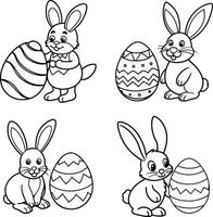 Easter bunny outlines with decorated eggs for coloring book pages vector