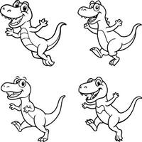Set of cartoon outline dinosaurs walking and running isolated vector