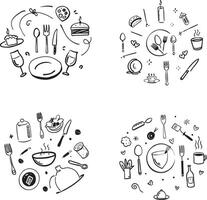 Doodle style kitchenware and food collection arranged in circular designs vector
