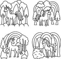 Set of unicorns in a forest with rainbow outline for coloring pages vector