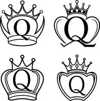 Set of queen initial q logo designs with crowns black and white vector