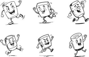 Black and white sketch style characters illustration happy cubes and cans running vector
