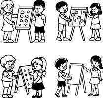 Children drawing and painting on easels in a black and white line art style vector